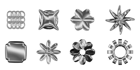 3D metallic silver interlocking ring pattern, geometric design, isolated on transparent background, png