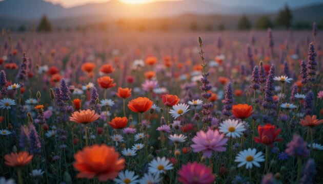 Vibrant floral tapestry: Capturing a sunlit meadow filled with poppies and daisies at dusk
