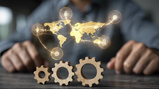 A person at a table with three wooden gears in front of a glowing golden holographic world map showing a global network