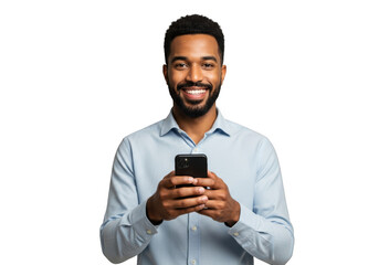 Smiling man holding smartphone isolated on transparent background