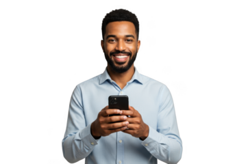 Smiling man holding smartphone isolated on transparent background
