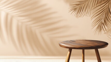 Wooden Stool On Beige Wall With Palm Leaf Shadow