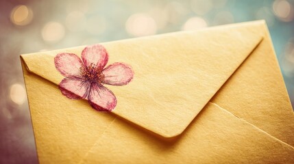Vintage Style Yellow Envelope With Pink Flower Decoration