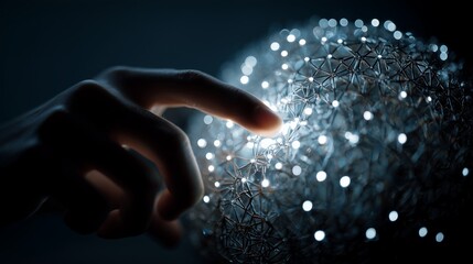 Human finger touching glowing digital network sphere with blue light particles and complex neural connection for artificial intelligence and cloud computing concept