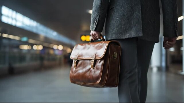 A person in a gray blazer holding a brown leather briefcase in a blurred modern concourse