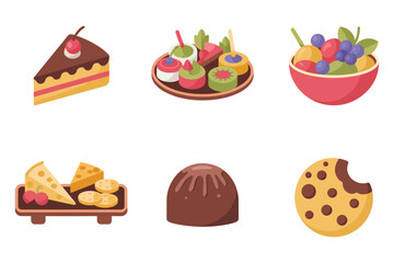 Party treats icons, chocolate cake slice, cheese platter bites, truffle candy, cookie with chips, fruit bowl, vector illustration