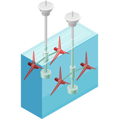 Isometric illustration of a water tank with multiple red propellers for mixing liquids and a transparent background for easy integration in design projects