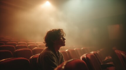 A young guy alone in a movie theater, movies and popcorn, loneliness, depression, a break from loved ones, thoughts on food with himself, film premiere and food relax leisure. High quality