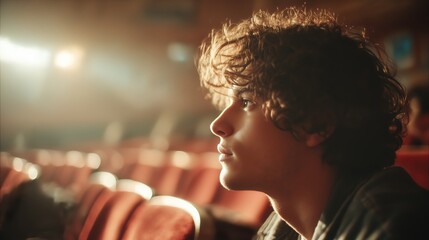 A young guy alone in a movie theater, movies and popcorn, loneliness, depression, a break from loved ones, thoughts on food with himself, film premiere and food relax leisure. High quality
