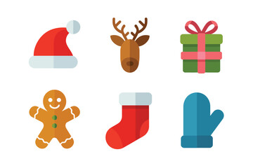 Festive winter icon pack, santa hat, reindeer head, wrapped present, cozy mitten, gingerbread figure, stocking sock, vector