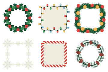 Holiday wreath frames bundle, holly berries circle, light bulbs border, snowy squares, striped edges, seasonal label design vector