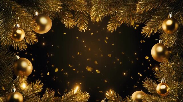 Black matte luxury background with gold Christmas ornaments, gold pine branches, metallic snowflakes, soft shimmering glitter drifting in the air, subtle snowfall, premium contrast lighting, moody cin