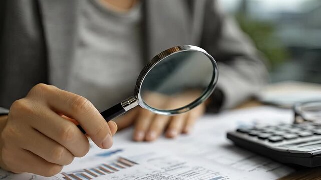 A person in a grey jacket inspects business documents with charts and graphs using a magnifying glass with a calculator on the desk