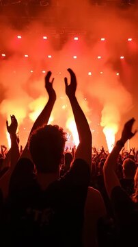 Exciting concert atmosphere with cheering audience. Fans celebrate live music performance with lively energy. Vertical shot captures dynamic crowd engagement.