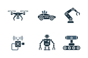 Autonomous technology icons, quadcopter drone, driverless car, industrial robotic arm, wireless controller, track robot, automation systems