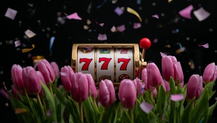 Colorful Tulips Surround a Golden Slot Machine Celebrating a Big Win During a Festive Occasion