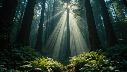 Sunlight pierces through majestic redwood trees creating a tranquil forest scene