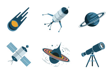 Astronomy exploration set, blazing comet, research rocket, ringed planet, communication satellite, scientific telescope, cosmic orbit, vector illustration © BlackVault Designs