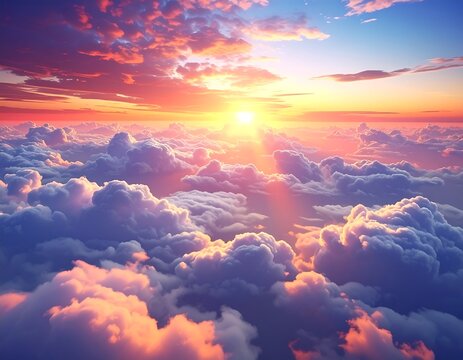 Aerial view with sunlight beaming through puffy clouds during sunset