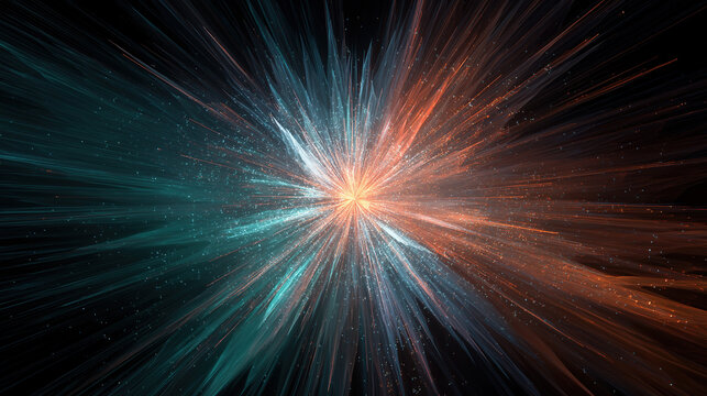 Abstract explosion effect with bright yellow center and colorful rays on black background for visual impact design