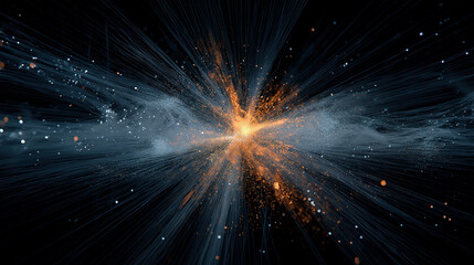 Energy burst abstract design with central orange yellow light point and blue radial light for dynamic visual expression