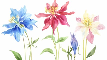 Obraz premium Botanical illustration depicts vibrant watercolor blossoms in shades of blue, red, and pale yellow