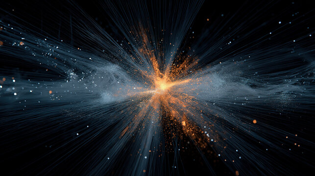 Energy burst abstract design with central orange yellow light point and blue radial light for dynamic visual expression