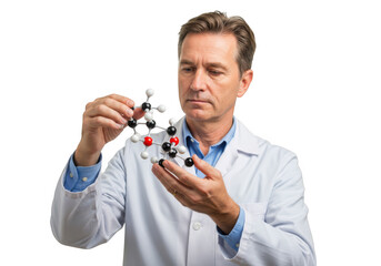 Scientist holding a molecular model isolated on transparent background