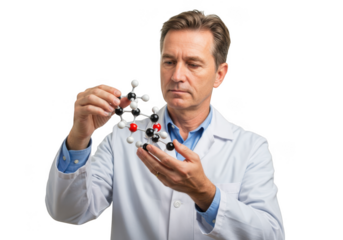 Scientist holding a molecular model isolated on transparent background