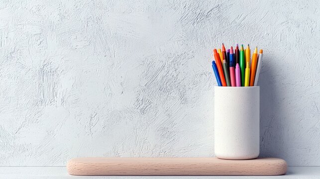A collection of colorful pens and pencils in a white cup on a wooden shelf with a textured background. - Powered by Adobe