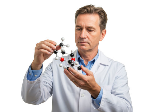 Scientist holding a molecular model isolated on transparent background