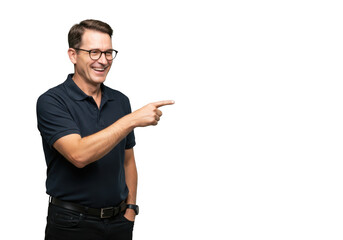 Smiling man wearing glasses pointing to the right isolated on transparent background