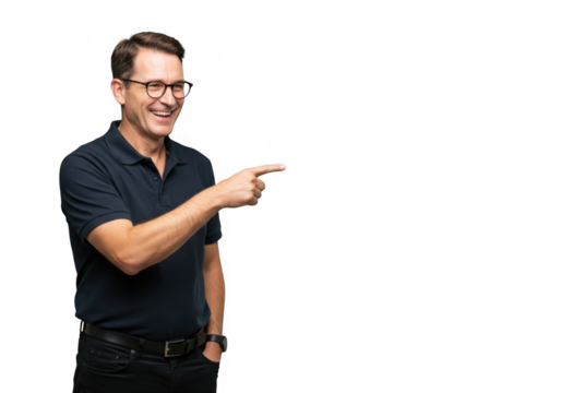 Smiling man wearing glasses pointing to the right isolated on transparent background