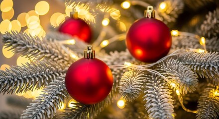 Christmas background with xmas tree, Christmas red decoration and sparkle bokeh lights on red background. Merry Christmas greeting card. Winter holiday theme. Happy New Year. Space for text