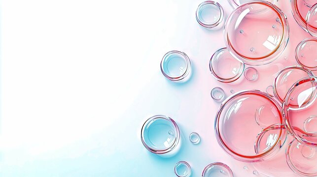 A collection of transparent, spherical bubbles with pink and blue highlights, scattered across a clean, bright background.