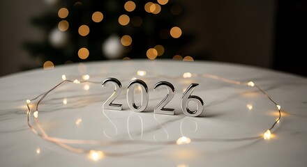 Silver metallic number 2026 decoration surrounded by warm fairy lights on a white table with a blurred christmas tree in the background
