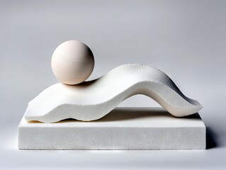 A minimalist abstract sculpture featuring a smooth sphere balanced precariously on a textured, wavy white form atop a rectangular base.
