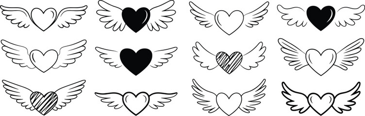 Collection of twelve black and white winged heart vector icons, romantic tattoo design symbols, love and freedom minimalist line art illustration © Gustave McClure