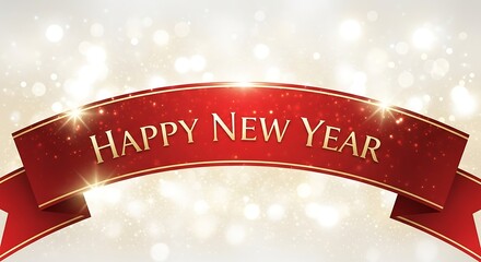Elegant red ribbon banner with golden text saying happy new year against a sparkling festive bokeh background illustration