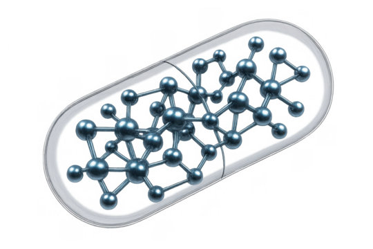 Medicine molecule structure in transparent capsule symbolizing advanced pharmacy and scientific research