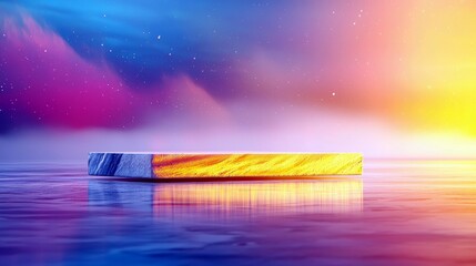 A rectangular platform with blue and yellow textured surfaces sits on a reflective, colorful water surface under a vibrant, starry sky.