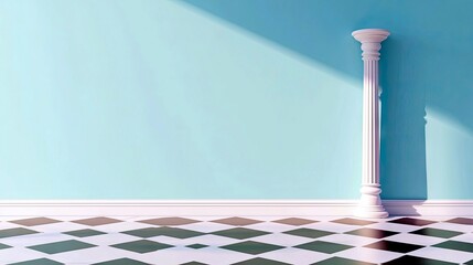 A single white fluted column stands against a light blue wall, casting a shadow, on a floor with a diamond pattern.