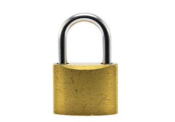 Fototapeta premium Brass padlock with metal shackle offering reliable security solution