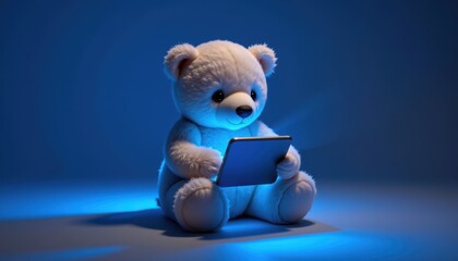 Cute stuffed bear with a tablet in a cozy blue light, showcasing technology for children and modern playful ambiance