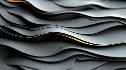 A textured background features overlapping waves of dark gray material with thin, shimmering gold lines accentuating the curves.