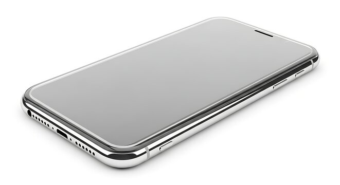 Modern smartphone with reflective screen and metallic frame shown at an angle, isolated on white background