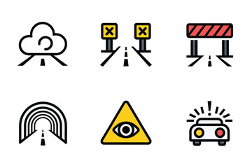 Traffic control warning icons, rain on roadway, lane closed markers, barricade device, rainbow tunnel sign, eye caution, siren