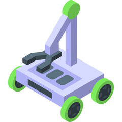 Isometric illustration of a small mobile robotic arm with a light purple base and lime green wheels on a transparent background