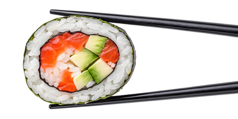 Watercolor Salmon avocado sushi roll held by chopsticks isolated on a transparent background