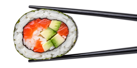 Watercolor Salmon avocado sushi roll held by chopsticks isolated on a transparent background